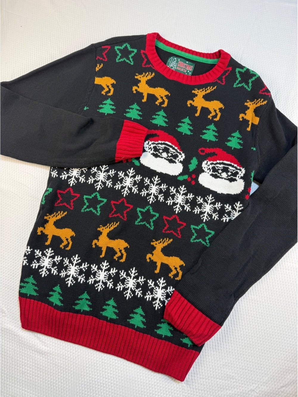 Ugly Christmas Sweater Men's Medium Santa Reindeer Fair Isle Black Holiday 2015